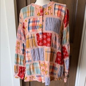 ivy jane Patchwork Floral & Plaid Button-Up Tunic - Pink, Red, Blue